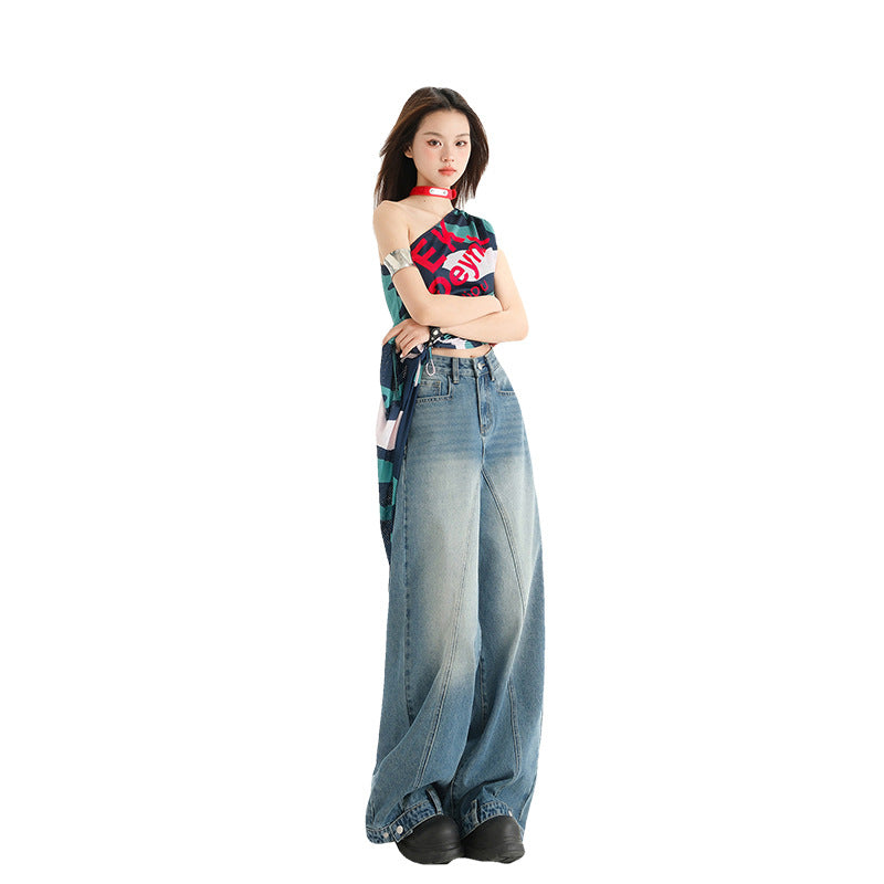 High Street Patchwork Wide Leg Pants Spring  Loose Washed Straight Leg Jeans for Women