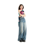 High Street Patchwork Wide Leg Pants Spring  Loose Washed Straight Leg Jeans for Women
