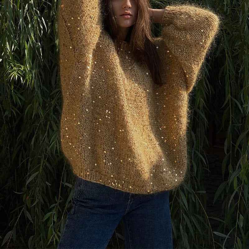 Fashionable sequined sweater, loose round neck lantern sleeve head, knitted sweater-Casual Fashion - The Artisan's Wardrobe