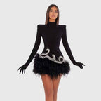 Diamond Feather Skirt Dress with Shoulder Pads - Fashionable Retro Black Short Dress for Banquet and Performance-Casual Fashion - The Artisan's Wardrobe