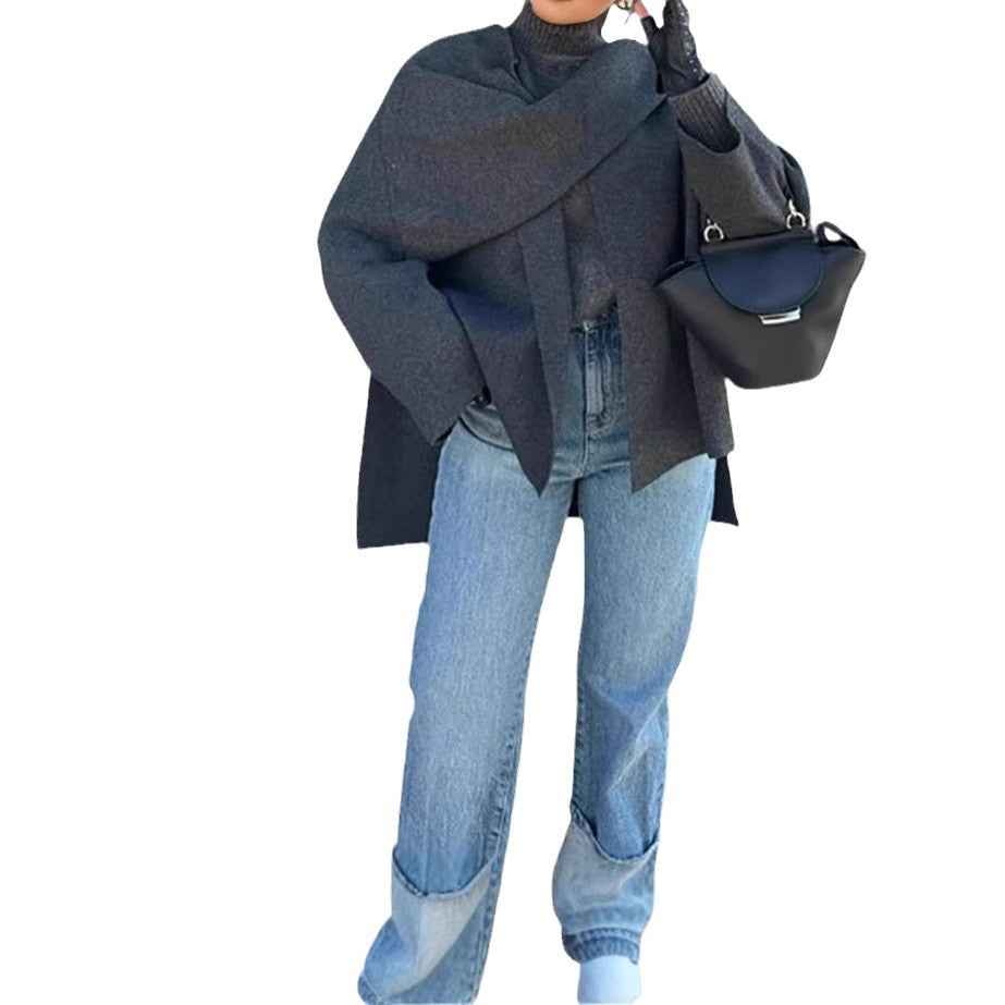 Asymmetric Shawl Cardigan Knitted Sweater Gray Long Sleeved Scarf-Casual Fashion - The Artisan's Wardrobe