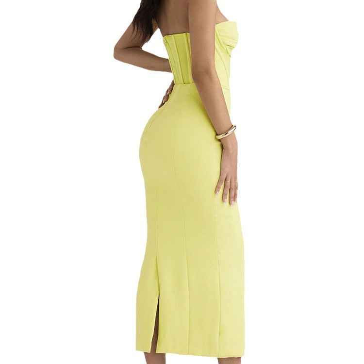 Solid Color Strapless Fishbone Back Dress with Slit - Tight and Sexy Fit-Casual Fashion - The Artisan's Wardrobe