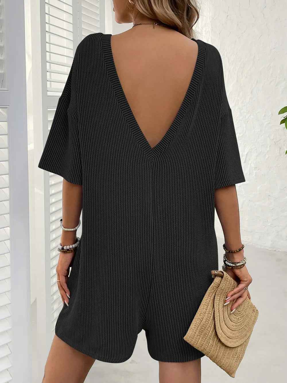 Backless Textured Romper with Round Neck and Half Sleeves for a Trendy Style-Casual Fashion - The Artisan's Wardrobe