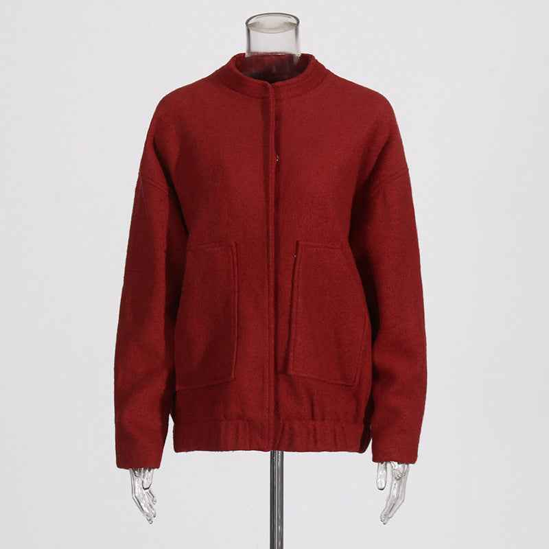 Minimalist Woolen Baseball Jacket for Women - Long Sleeved Slim Fit Stand Up Collar-Casual Fashion - The Artisan's Wardrobe