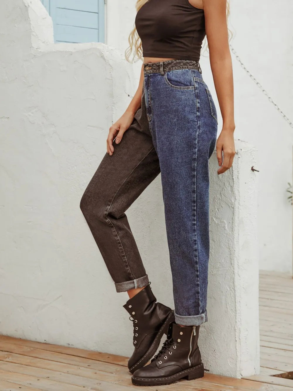 Two Tone Straight Leg Jeans