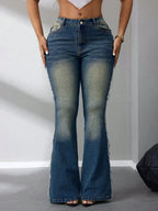 Side Raw Hem Flare Jeans