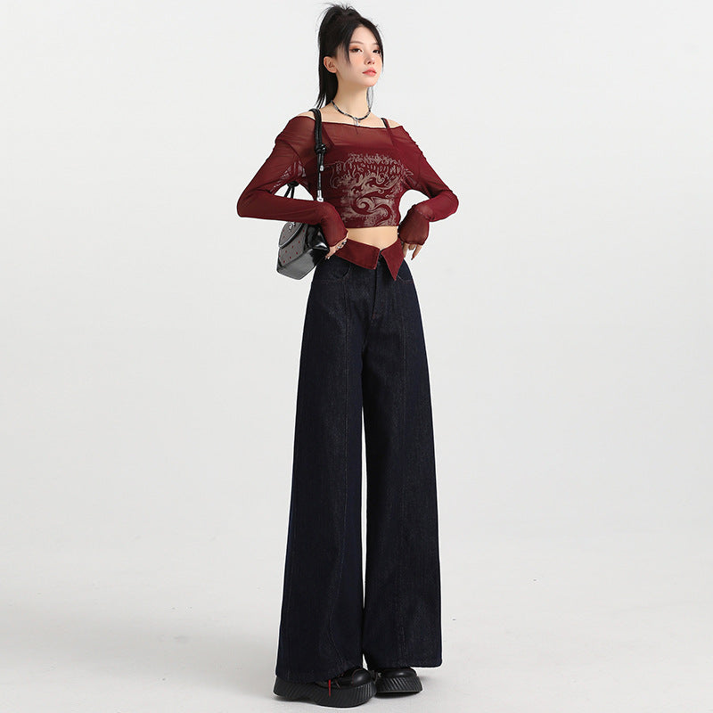 Wide Leg Jeans for Women High Waist Slim Fit Straight Loose Cuffed Floor-Length Pants