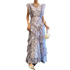 Vacation Style Light Colored V-Neck Lace Dress with Irregular Flying Sleeves and Pleated Design-Casual Fashion - The Artisan's Wardrobe