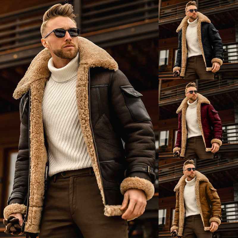 Warm winter men's fur one-piece jacket, thickened faux fur fur jacket