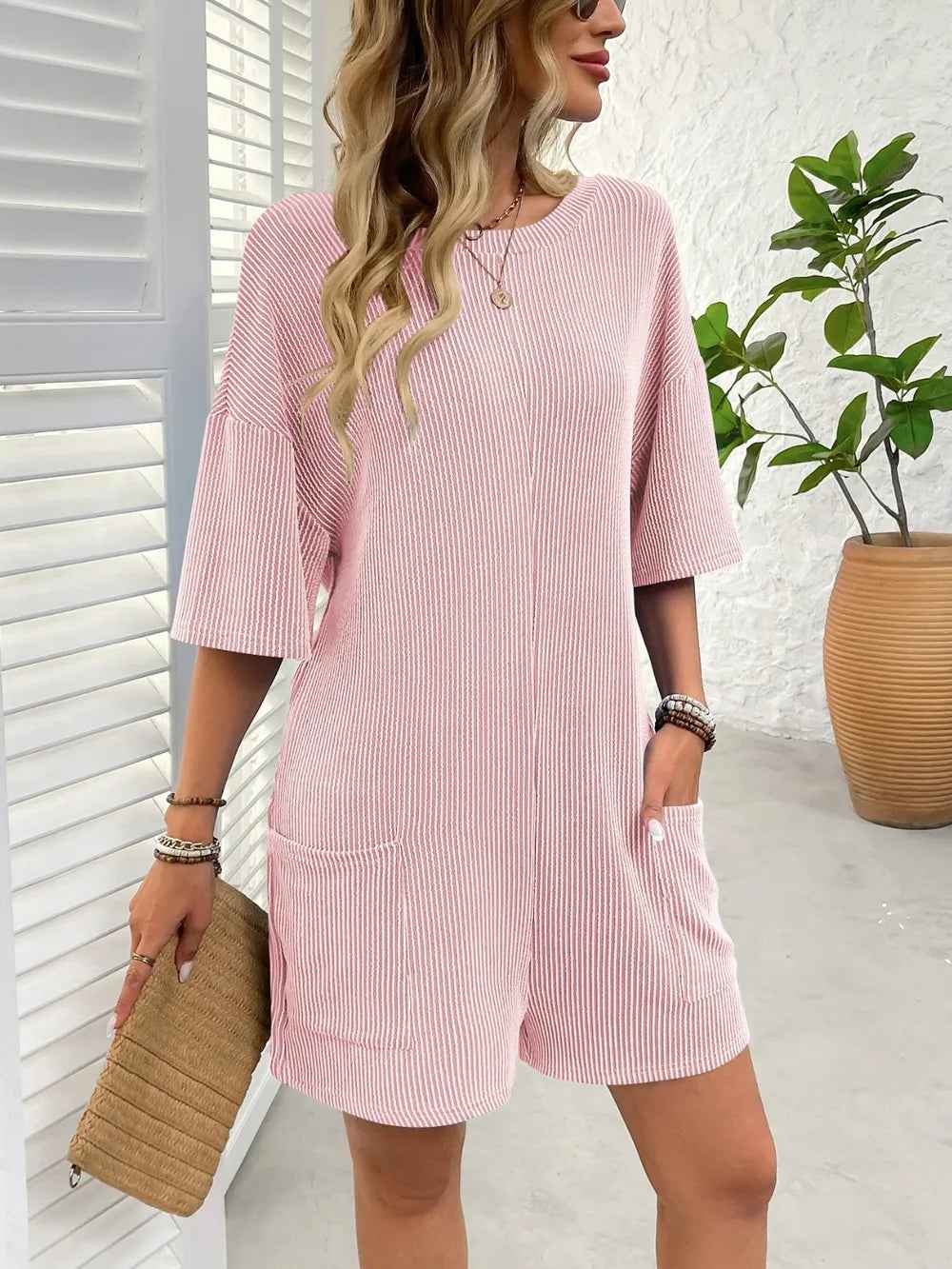 Backless Textured Romper with Round Neck and Half Sleeves for a Trendy Style-Casual Fashion - The Artisan's Wardrobe