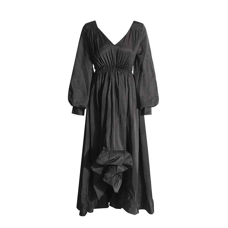 Fashionable V-neck Lantern Sleeve Dress with Elegant Pleated Lotus Leaf Edges for Women-Casual Fashion - The Artisan's Wardrobe