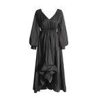 Fashionable V-neck Lantern Sleeve Dress with Elegant Pleated Lotus Leaf Edges for Women-Casual Fashion - The Artisan's Wardrobe