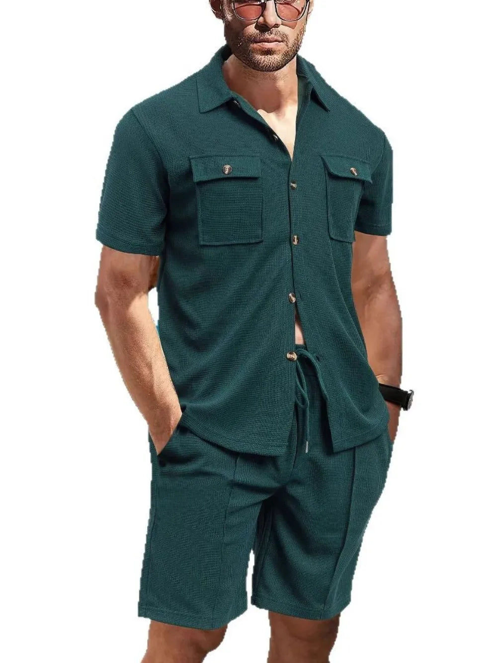 Men's Plus Size Button Down Set: Short Sleeve Top and Shorts Combo-Casual Fashion - The Artisan's Wardrobe