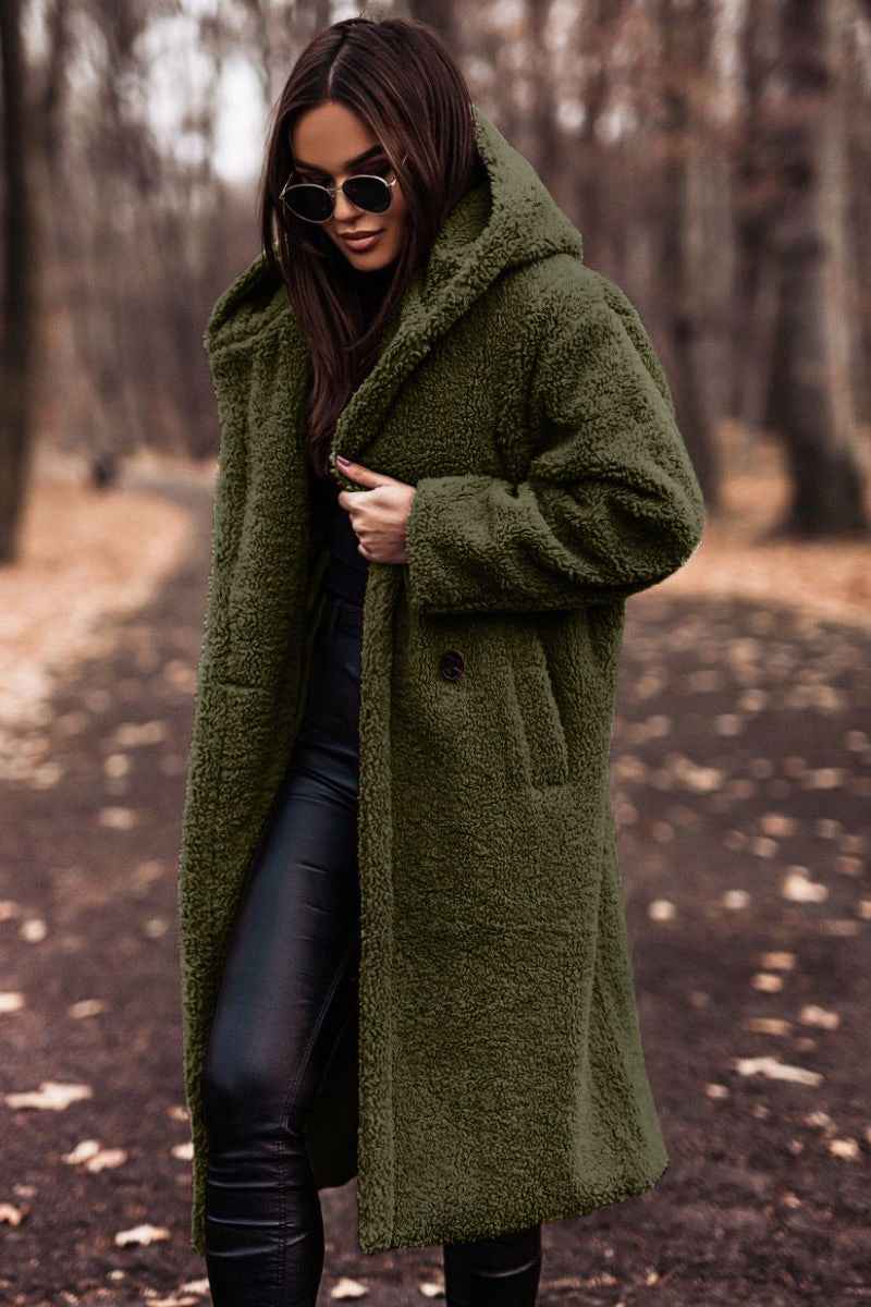 Long Sleeved Woolen Coat for Women - Stylish Long Net Color Design-Casual Fashion - The Artisan's Wardrobe