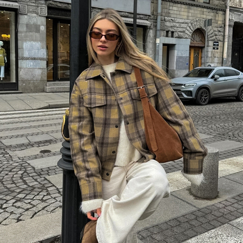 Checkered Wool Coat Women's Retro Loose Style for Ultimate Comfort-Casual Fashion - The Artisan's Wardrobe