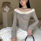 New One Shoulder Mesh Ballet Top with Long Sleeves and French Flower Edge-Casual Fashion - The Artisan's Wardrobe