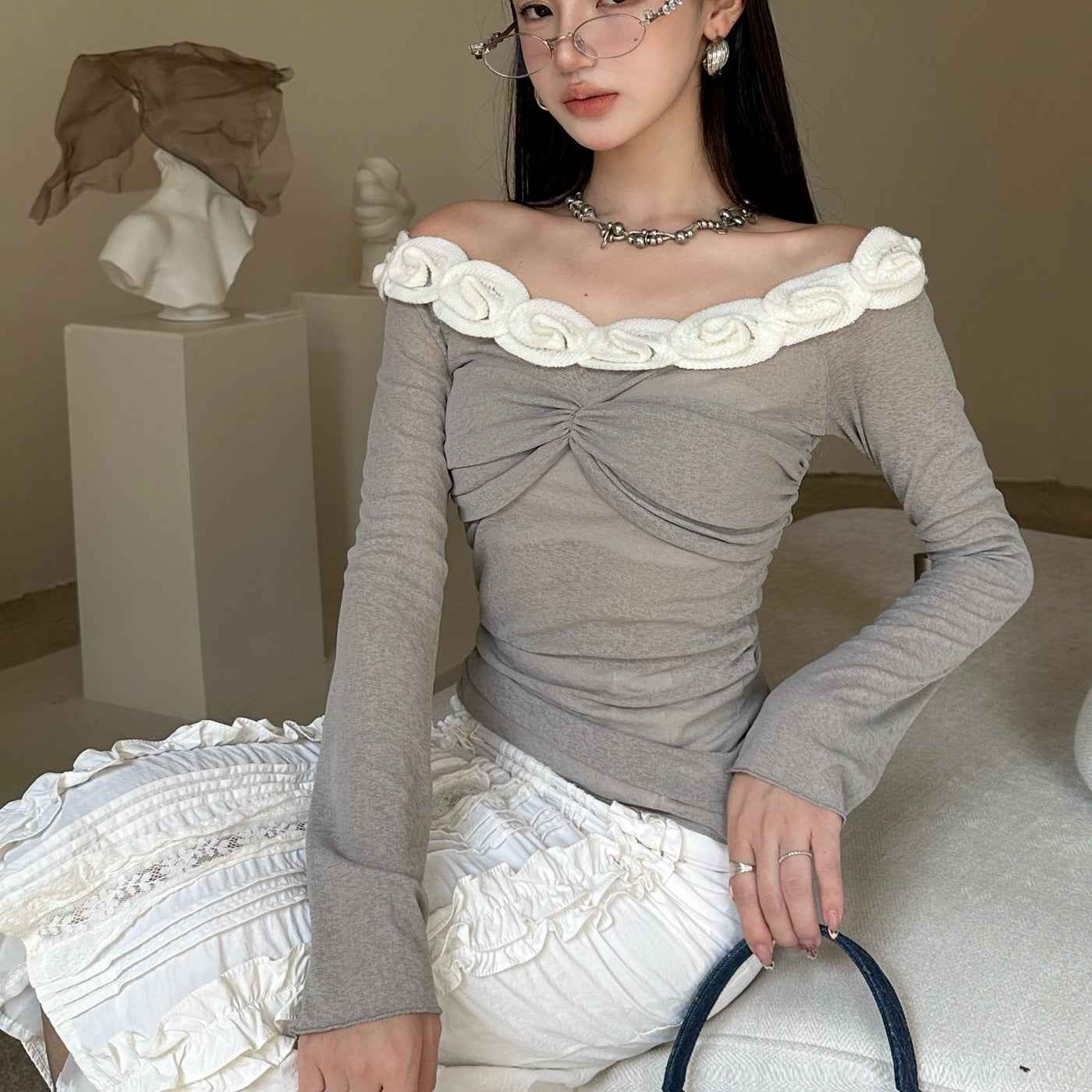 New One Shoulder Mesh Ballet Top with Long Sleeves and French Flower Edge