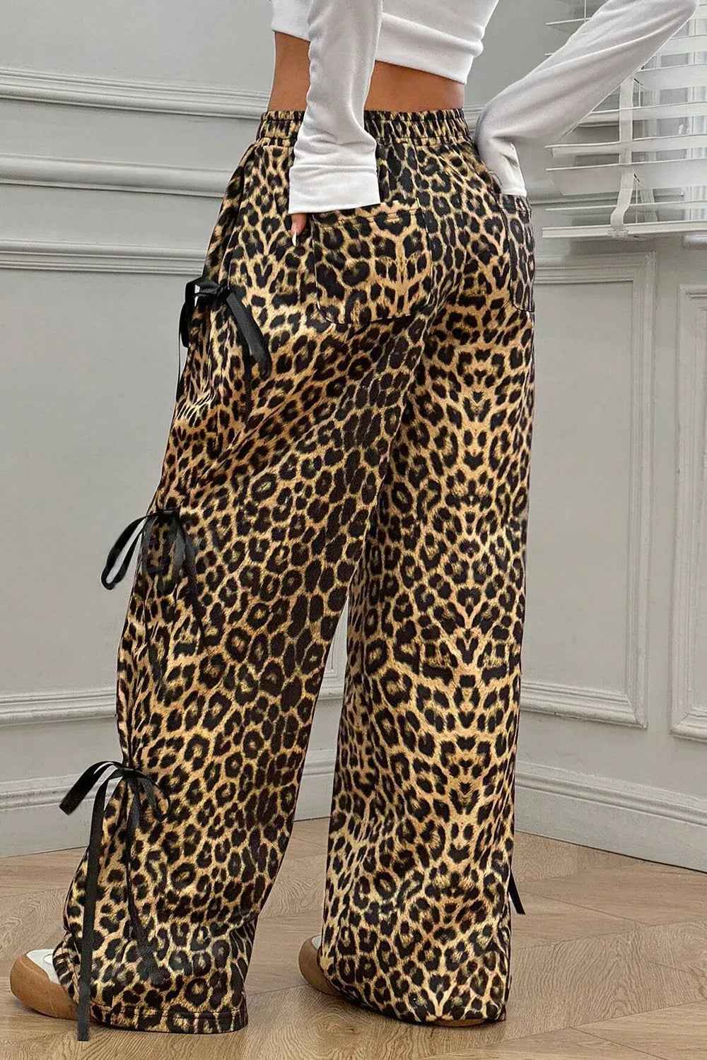 Leopard Bow Tie Pants with Elastic Waist for Effortless Style-Casual Fashion - The Artisan's Wardrobe