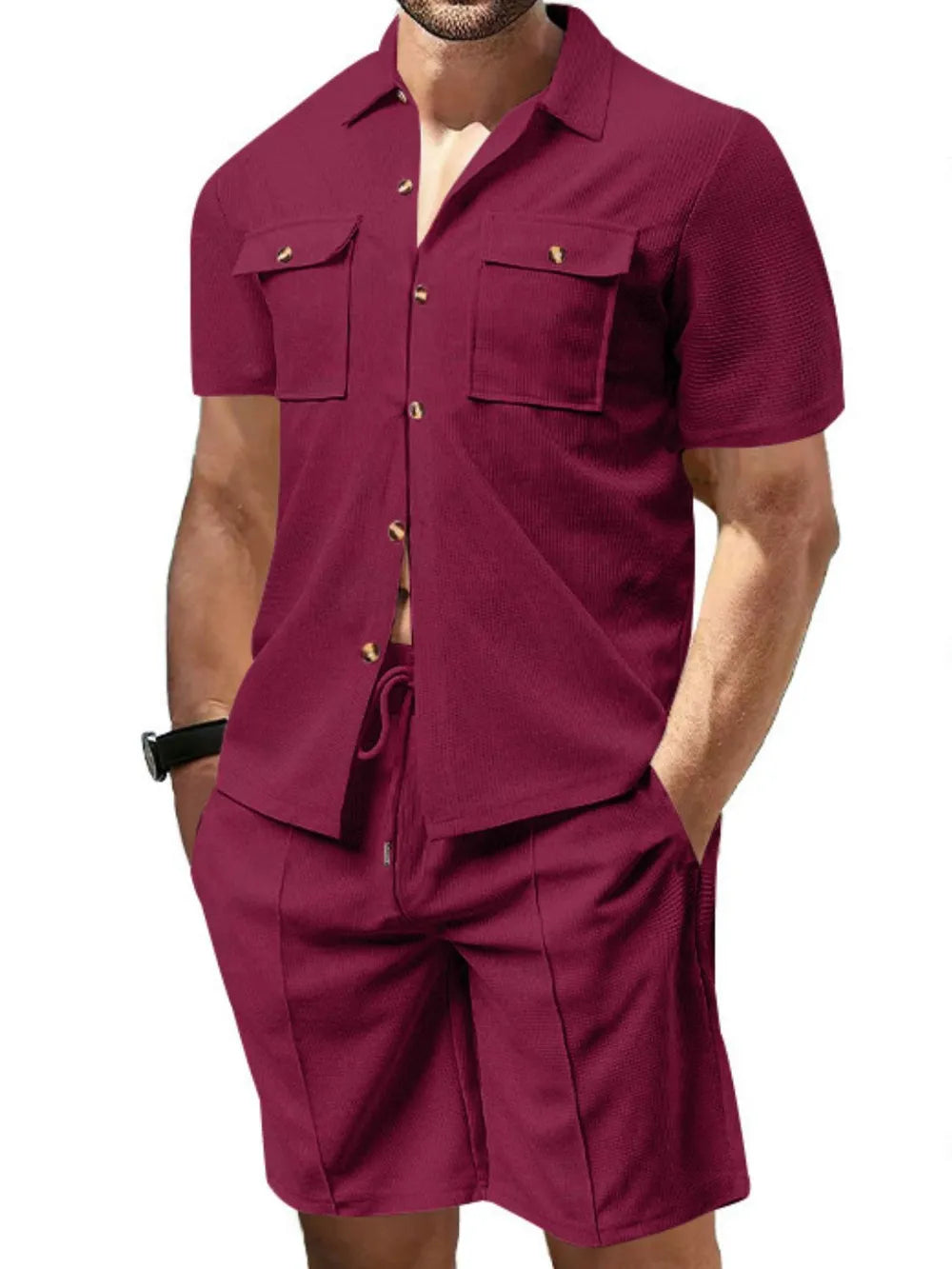 Men's Plus Size Button Down Set: Short Sleeve Top and Shorts Combo