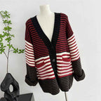 V-neck Red Striped Cardigan - Thick Knitted Sweater with Lazy Style and Loose Fit-Casual Fashion - The Artisan's Wardrobe
