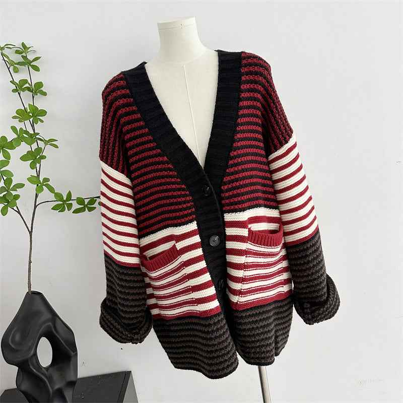 V-neck Red Striped Cardigan - Thick Knitted Sweater with Lazy Style and Loose Fit-Casual Fashion - The Artisan's Wardrobe