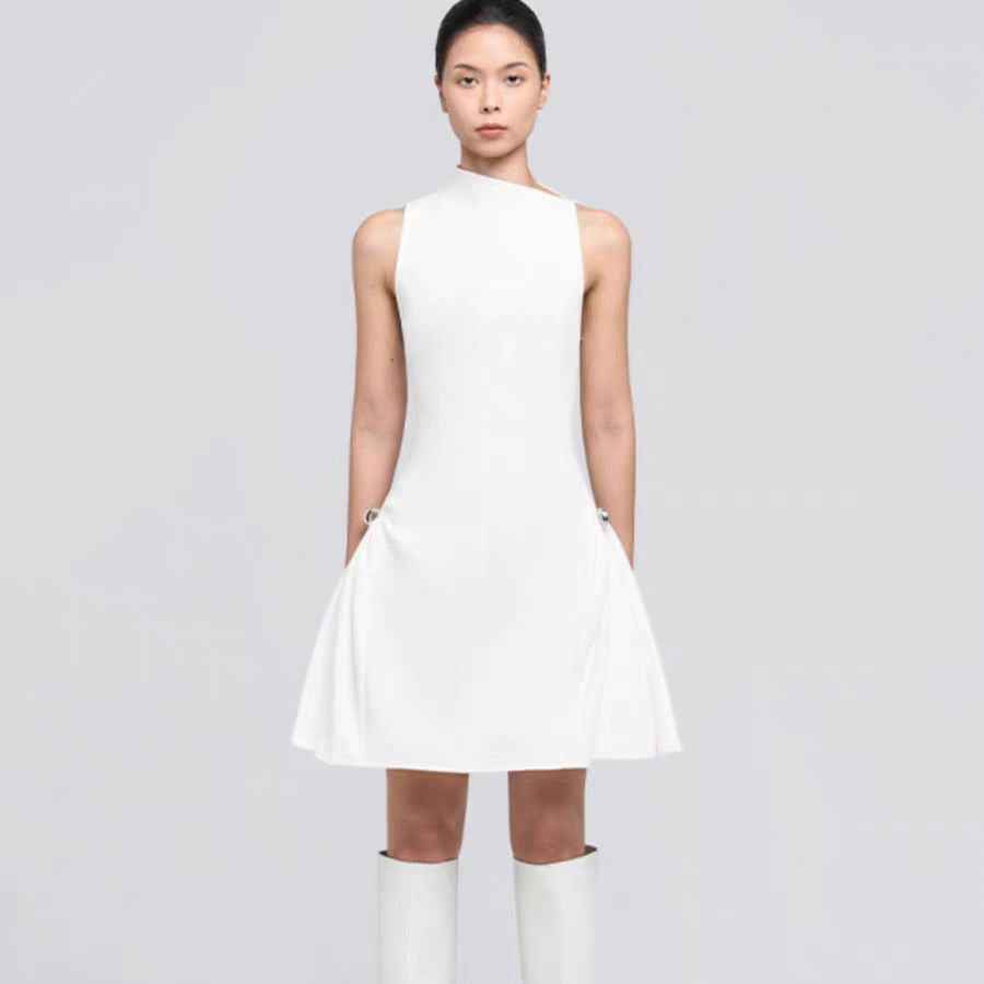 Metal Buckle Pleated Dress with Waist Cinching and Symmetrical Short Skirt-Casual Fashion - The Artisan's Wardrobe