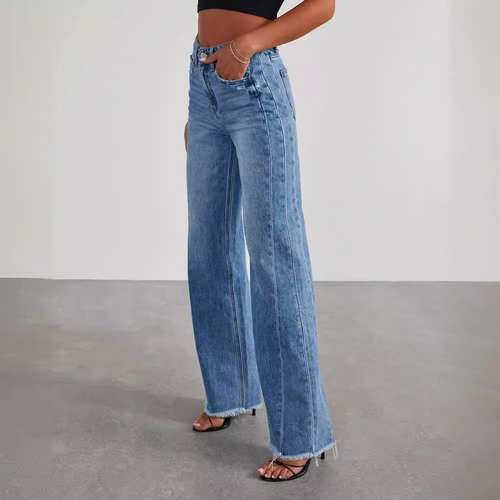 Loose Wide Leg Denim Jeans with Side Seam Splicing and Brushed Hem for Women-Casual Fashion - The Artisan's Wardrobe