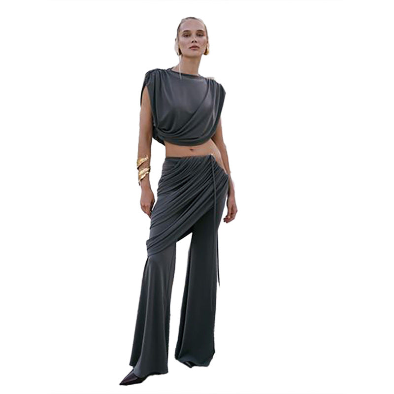 European and American Style Exposed Navel Top and Pants Set - High Waist Pleated Flared Trousers for Women-Casual Fashion - The Artisan's Wardrobe