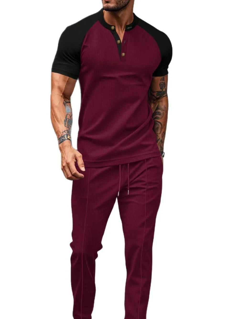 Men's Plus Size Waffle-Knit Set: Contrast Top and Drawstring Pants-Casual Fashion - The Artisan's Wardrobe