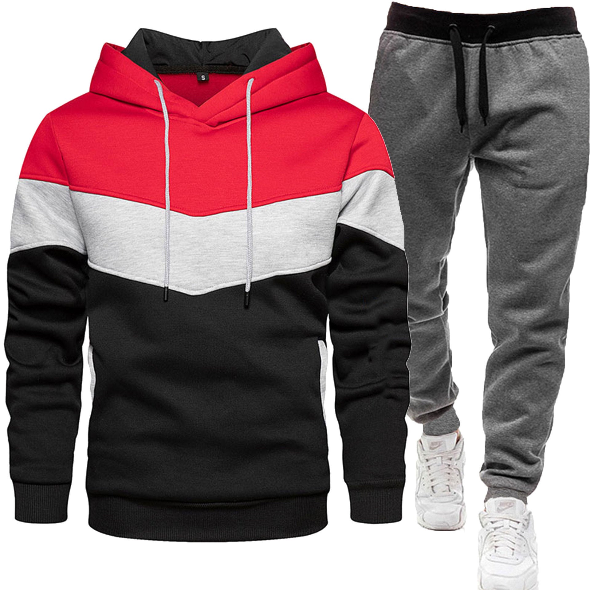 Men's three color hoodie sports suit, fashionable and casual, spring and autumn splicing hooded top, long pants two-piece set-Casual Fashion - The Artisan's Wardrobe