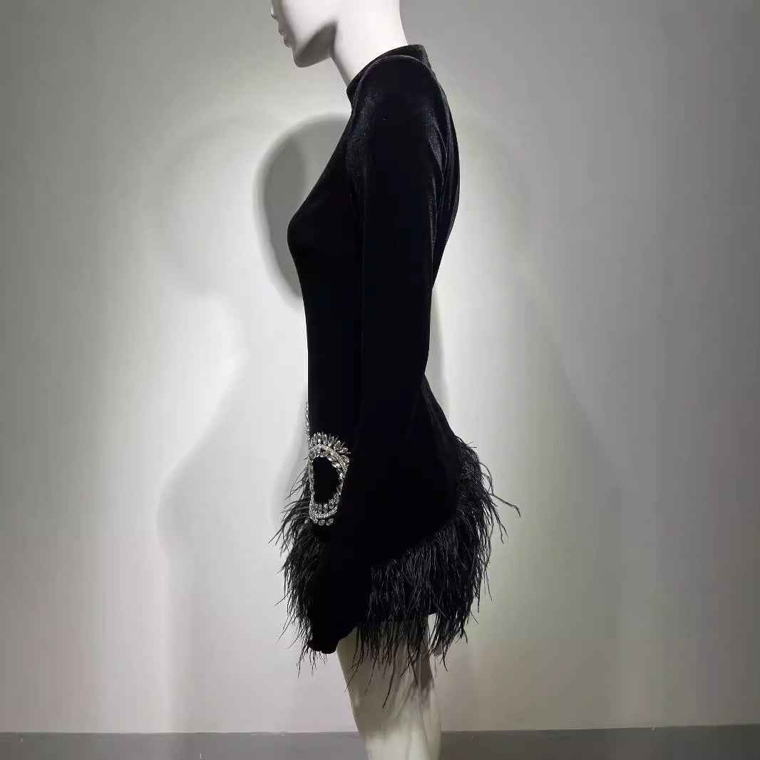 Diamond Feather Skirt Dress with Shoulder Pads - Fashionable Retro Black Short Dress for Banquet and Performance-Casual Fashion - The Artisan's Wardrobe