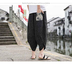 Summer New Chinese Style Men Beach Pants - Embroidered Snowflake Ice Silk Capris with Wide Leg Design-Casual Fashion - The Artisan's Wardrobe