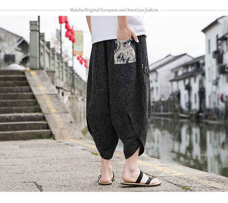 Summer New Chinese Style Men Beach Pants - Embroidered Snowflake Ice Silk Capris with Wide Leg Design-Casual Fashion - The Artisan's Wardrobe