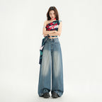 High Street Patchwork Wide Leg Pants Spring  Loose Washed Straight Leg Jeans for Women