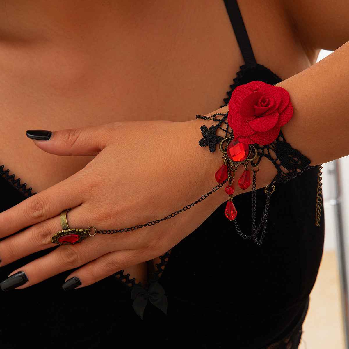 Halloween Punk Bracelet with Finger Mesh Tassel and Alloy Rose Lace Floral Handmade for Women-Casual Fashion - The Artisan's Wardrobe