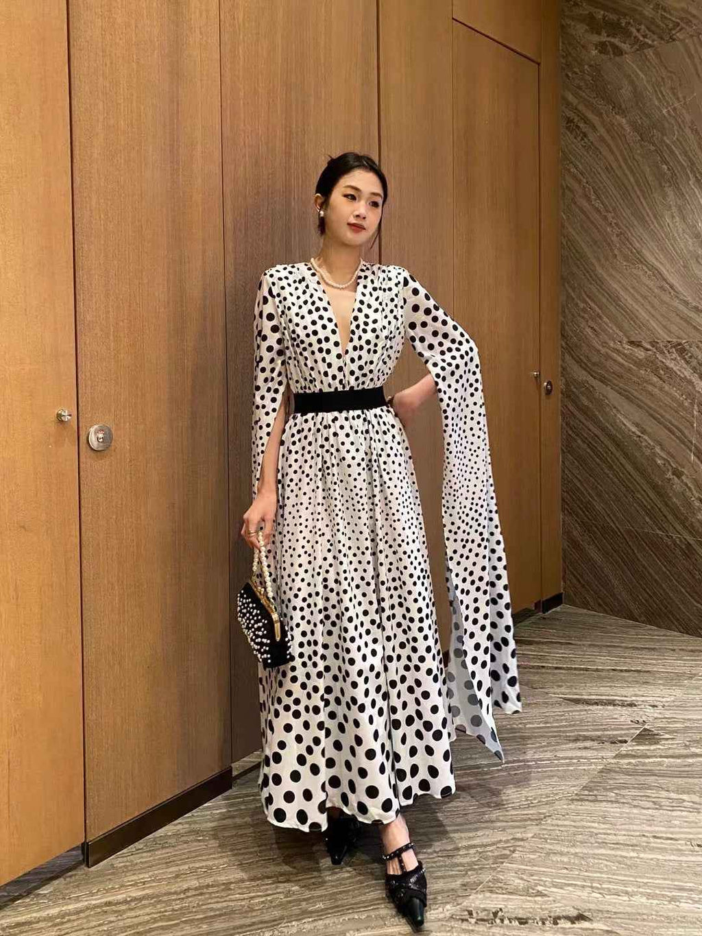 V-neck Polka Dot Dress with Slit - Long Sleeve Long Skirt Women's Dress-Casual Fashion - The Artisan's Wardrobe
