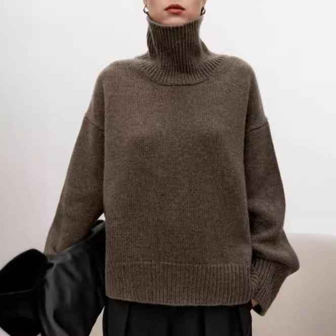 High Neck Cashmere Sweater Women - Loose Thick Woolen Sweater with Knitted Base-Casual Fashion - The Artisan's Wardrobe