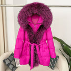 Hooded Down Jacket with Fox Fur Collar for Women-Casual Fashion - The Artisan's Wardrobe
