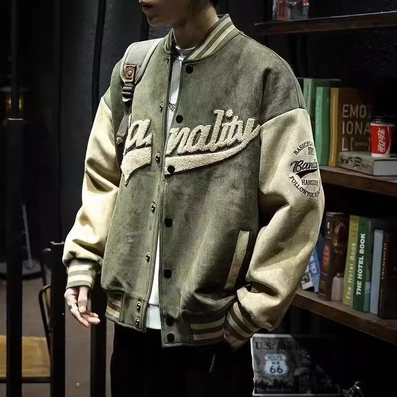 Deer Skin Baseball Jacket for Men – Trendy Japanese Loose Retro Style Spring & Autumn Windproof Sports Wear-Casual Fashion - The Artisan's Wardrobe