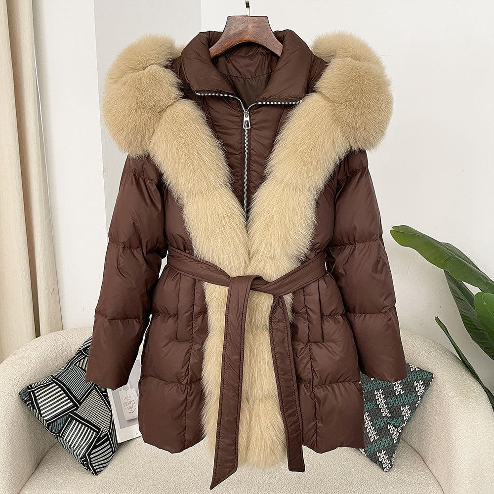 Hooded Down Jacket with Fox Fur Collar for Women-Casual Fashion - The Artisan's Wardrobe