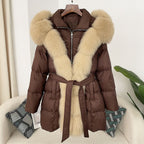 Hooded Down Jacket with Fox Fur Collar for Women-Casual Fashion - The Artisan's Wardrobe
