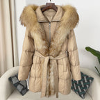 Hooded Down Jacket with Fox Fur Collar for Women-Casual Fashion - The Artisan's Wardrobe