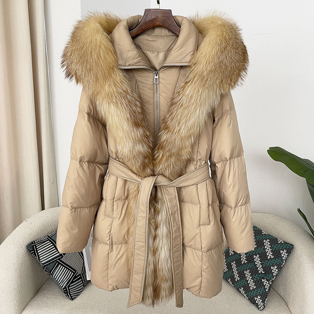 Hooded Down Jacket with Fox Fur Collar for Women-Casual Fashion - The Artisan's Wardrobe
