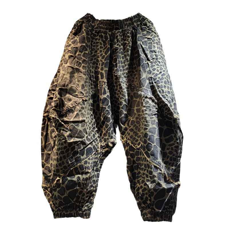 Leopard print jeans for women elastic waistband loose carrot harem and baggy pants-Casual Fashion - The Artisan's Wardrobe