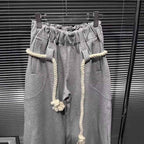 High Waist Flower Gray Casual Pants with Broken Seam and Thick Cotton Rope, Wide Version Curved Knife Guard Design-Casual Fashion - The Artisan's Wardrobe