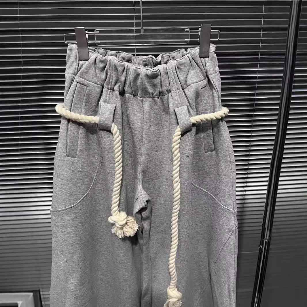 High Waist Flower Gray Casual Pants with Broken Seam and Thick Cotton Rope, Wide Version Curved Knife Guard Design-Casual Fashion - The Artisan's Wardrobe