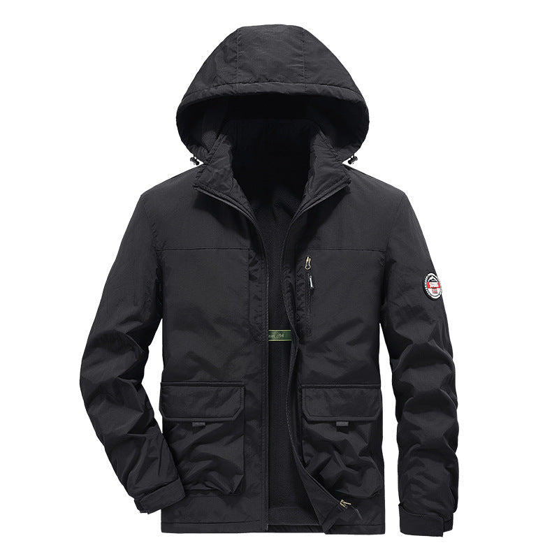Men's casual outdoor hooded jacket in large size, with multiple pockets and thick fleece, this is a men's style jacket-Casual Fashion - The Artisan's Wardrobe