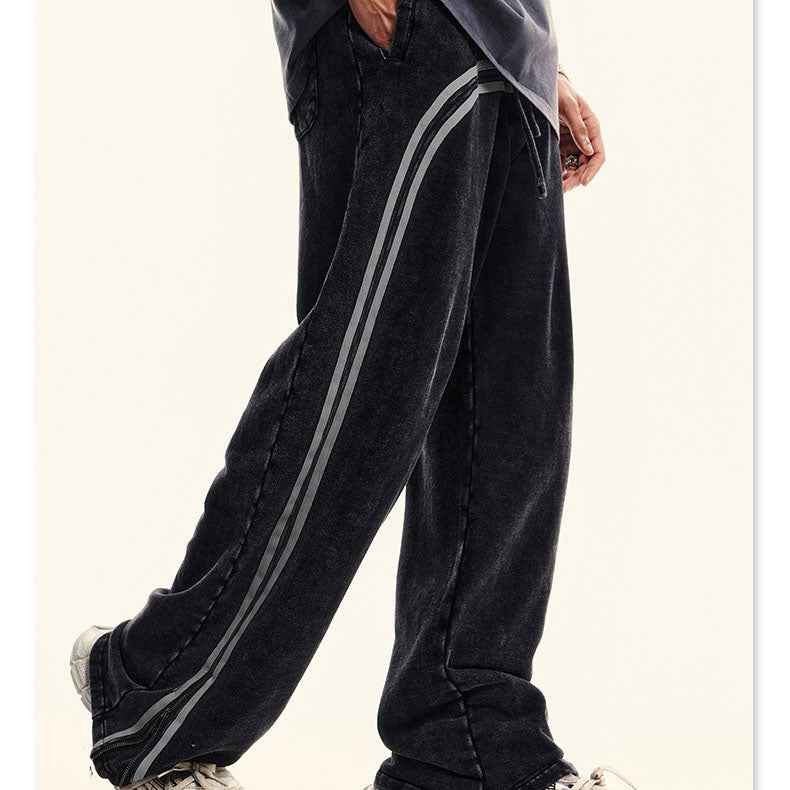 Men's Wide Leg Pants - Youth Street Trend Sports Feng Shui Wash Wax Dyed Woven Zipper Pants Vibe-Casual Fashion - The Artisan's Wardrobe