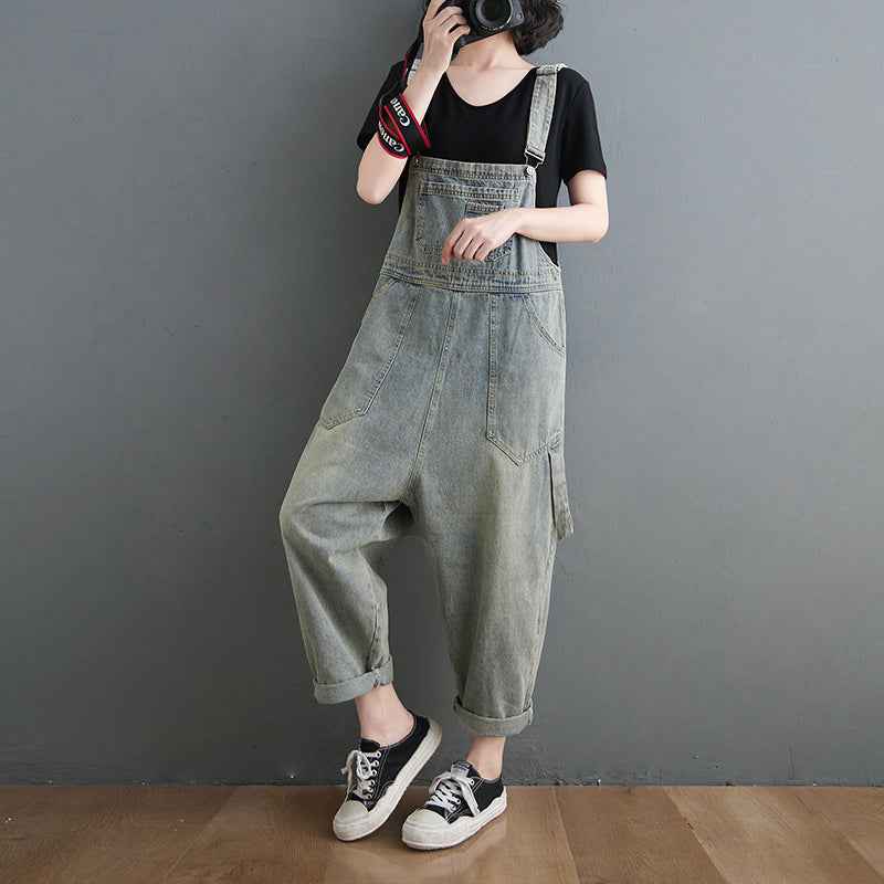 Vintage Denim Jumpsuit Women Sleeveless Retro Spaghetti Strap Ankle-Length with Side Pockets-Casual Fashion - The Artisan's Wardrobe