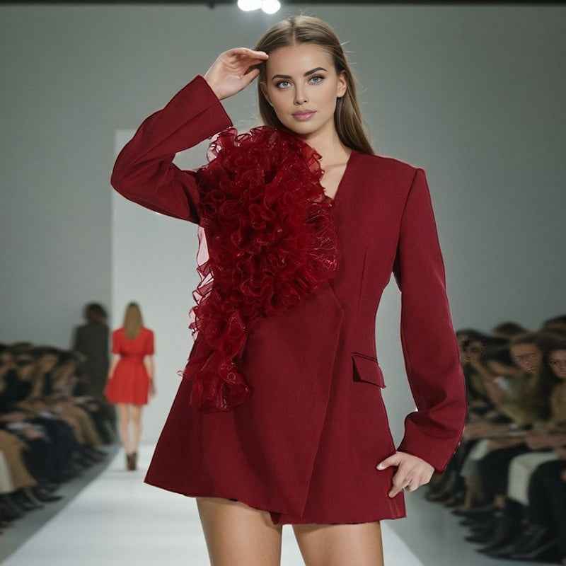 Women's Long Sleeved Fashion Suit with Elegant Mesh Flower